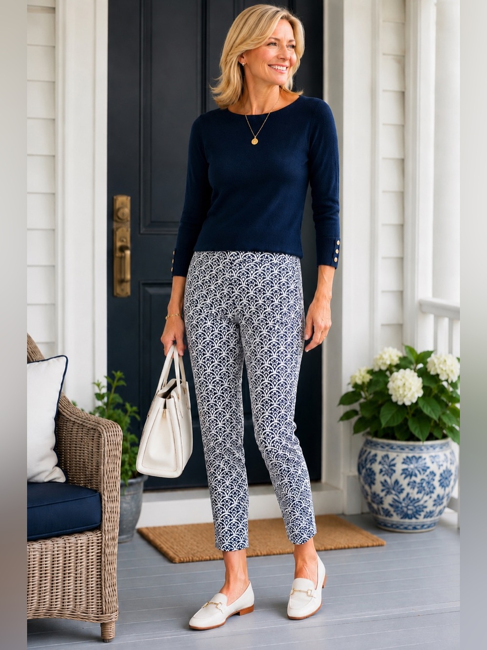 Talbots Chatham Crop Pants Women’s 8 Navy White Scallop Print Stretch Preppy